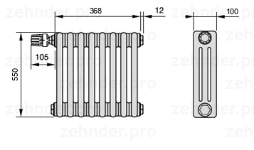Схема (чертеж) Радиатор Zehnder Charleston 3055/8 №V012 Белый глянцевый RAL 9016